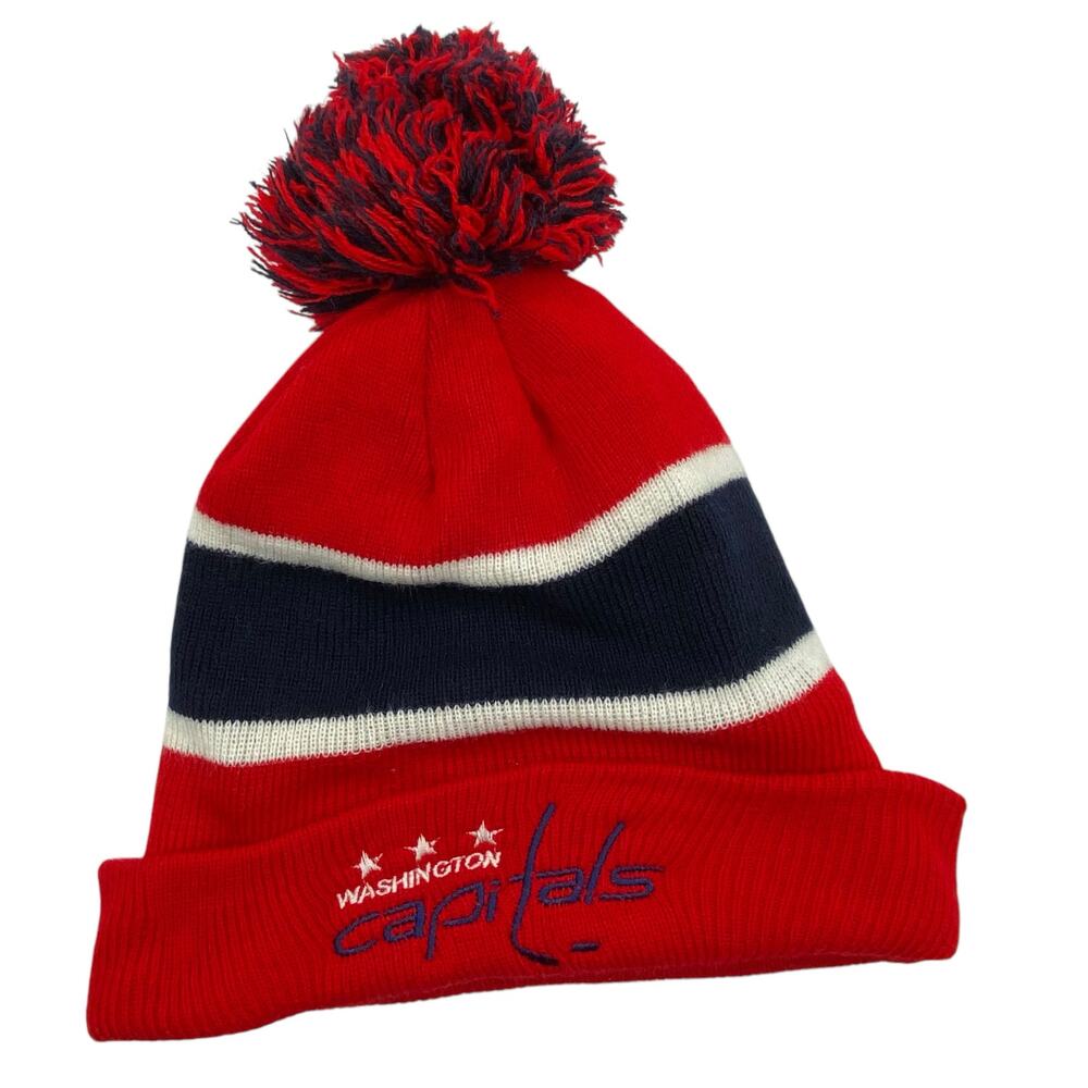 Washington Capitals Pom Beanie Knit Cap Hat NHL Hockey‎ OS Red Blue Fleece Lined